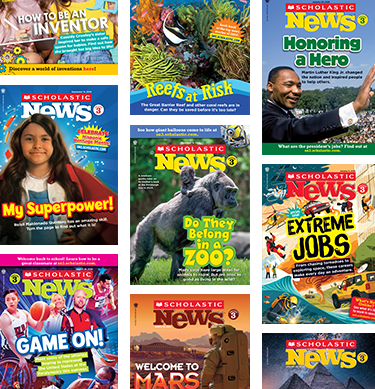 Grid of colorful Scholastic News magazine covers featuring various topics and diverse children