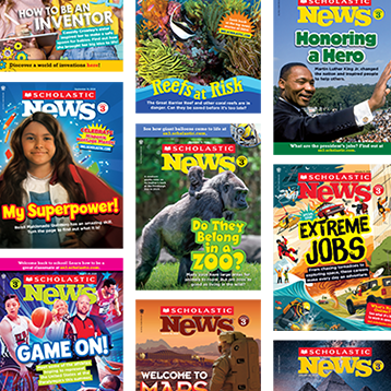 Grid of twelve Scholastic News magazine covers featuring various topics and colorful designs
