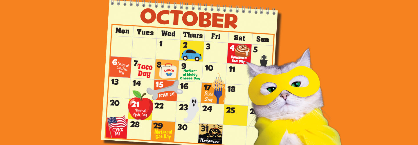 Image of a calendar month of October next to a superhero cat