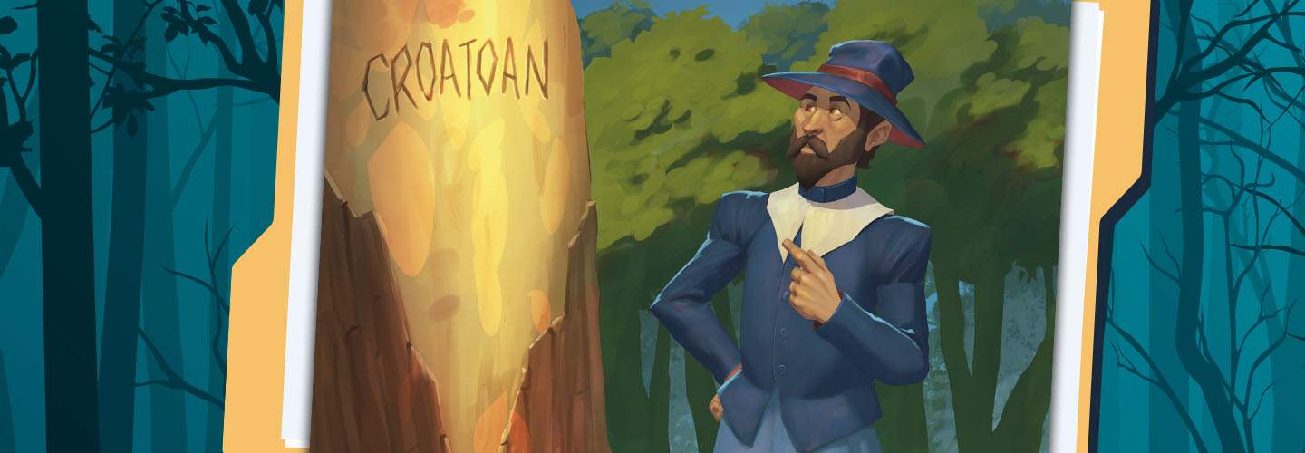Illustration of a person reading the word 'Croatoan' carved into tree